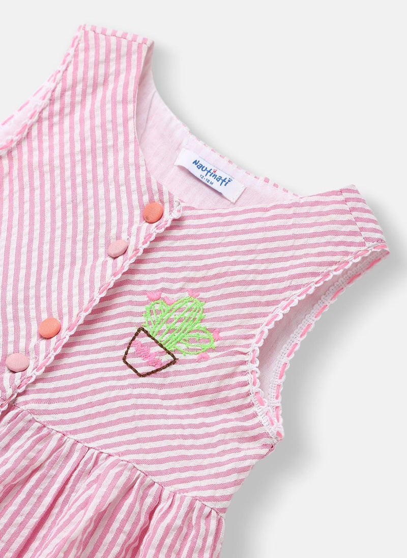 Nautinati Girls' 100% Cotton Striped, Camel & Cactus Embroidered Fit & Flare Dress - Image 5